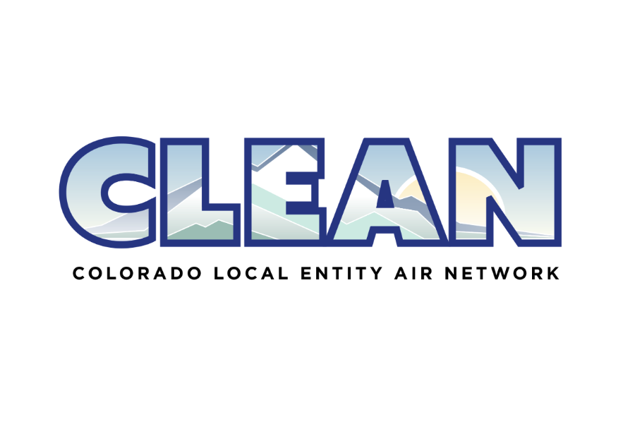 CLEAN logo with mountain scenery inside letters, text below: Colorado Local Entity Air Network